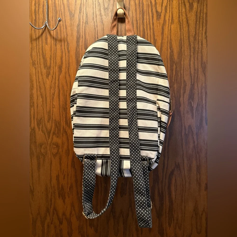 Striped Black and White Backpack with Polka Dot Pocket